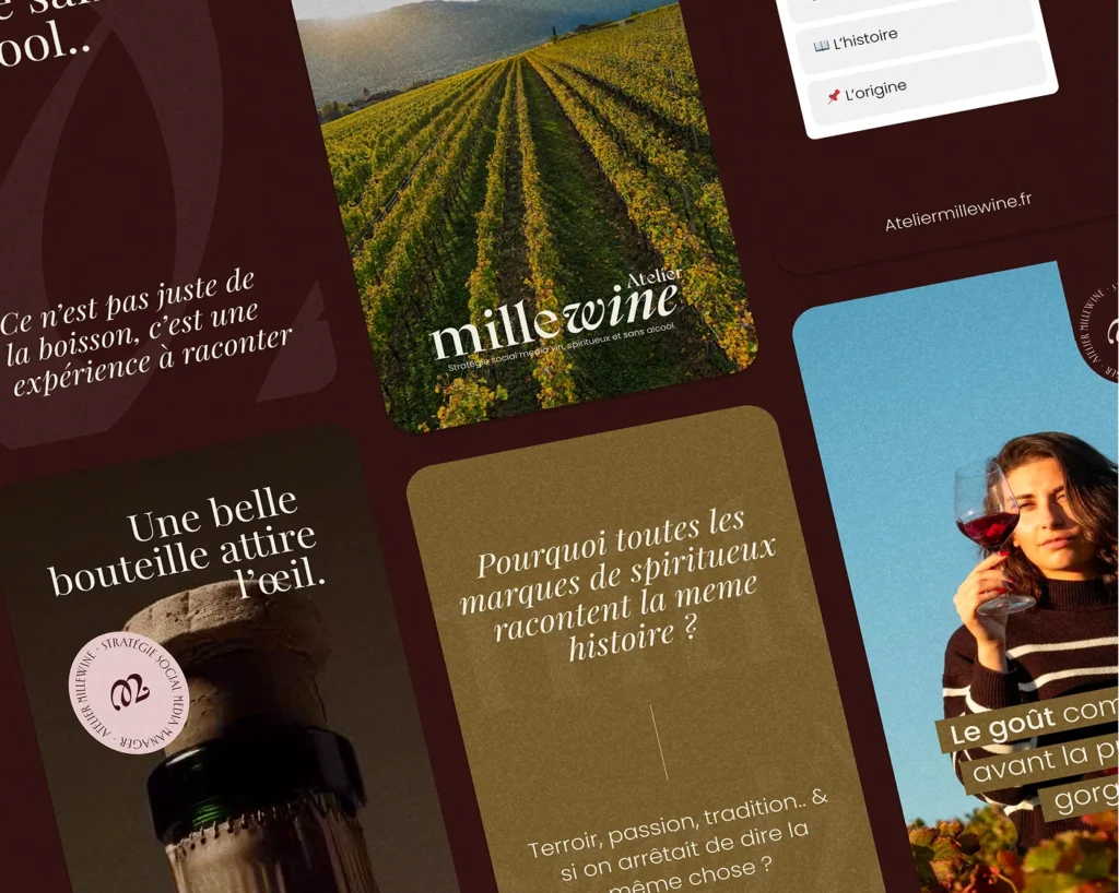 Templates Instagram Atelier MilleWine — direction artistique social media vin spiritueux