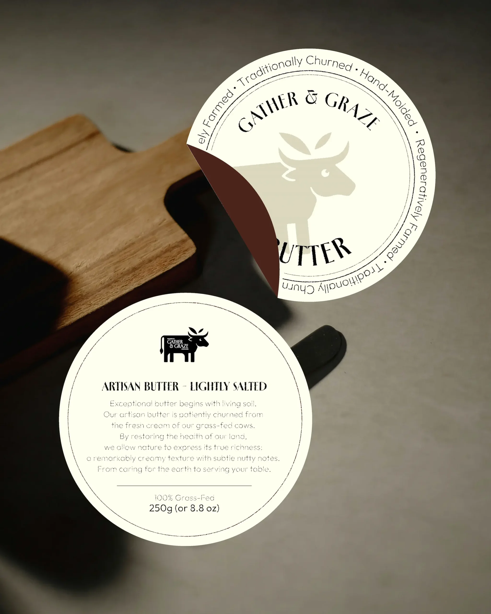 Étiquette pour le beurre de la marque grather and graze pour l'épicerie